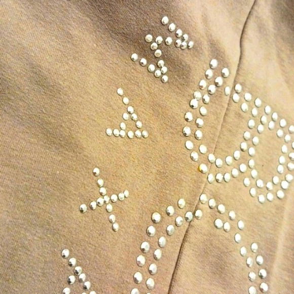 BCBGMaxAzria Lounge Pants Sz S Sparkle Studs Beads Letters TAUPE TAN - Picture 7 of 14